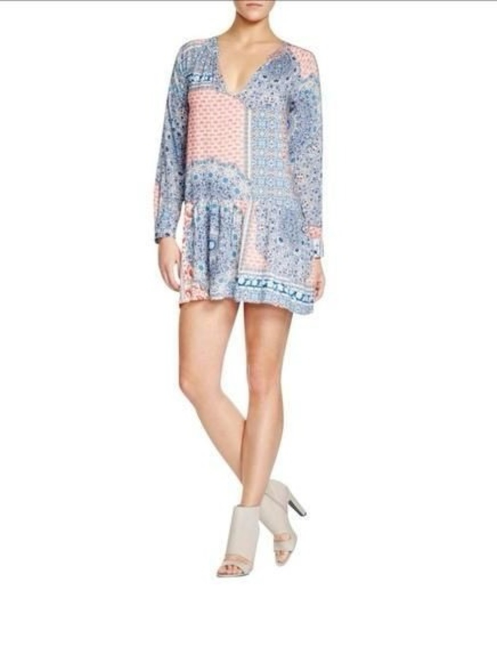 Sanctuary NWT Printed V-Neck Long Sleeve Mini Dress in Blue and Red